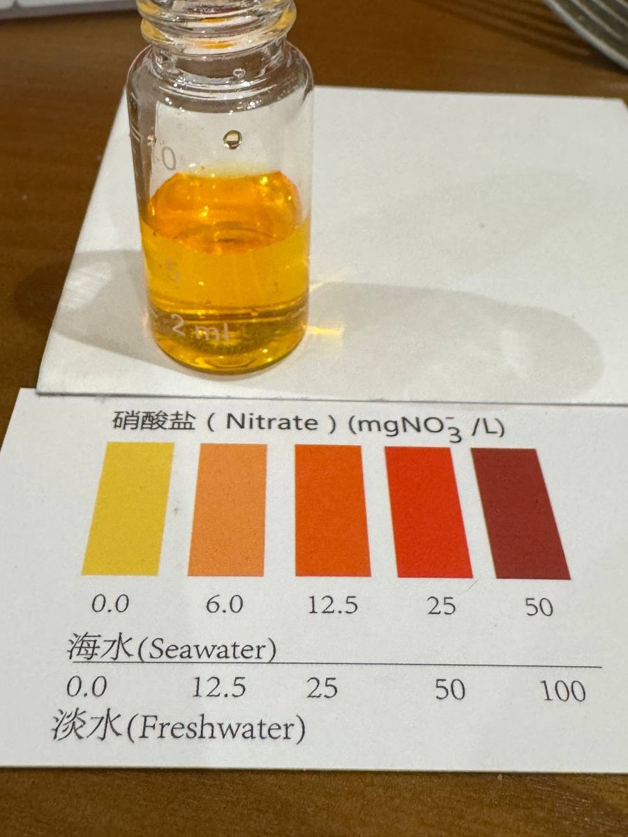 Day 25 NO3 试剂管,颜色对照色卡显示 2-5 mg/L 区间