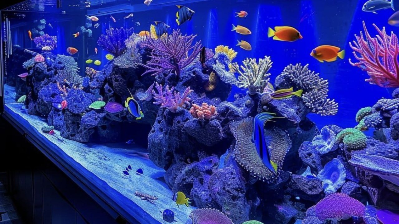 海缸展示：一座宽幅海缸内部特写，SPS 分枝、LPS 花海与软珊瑚层叠布景，多种海水观赏鱼穿梭其中，顶部灯光营造深海通透感